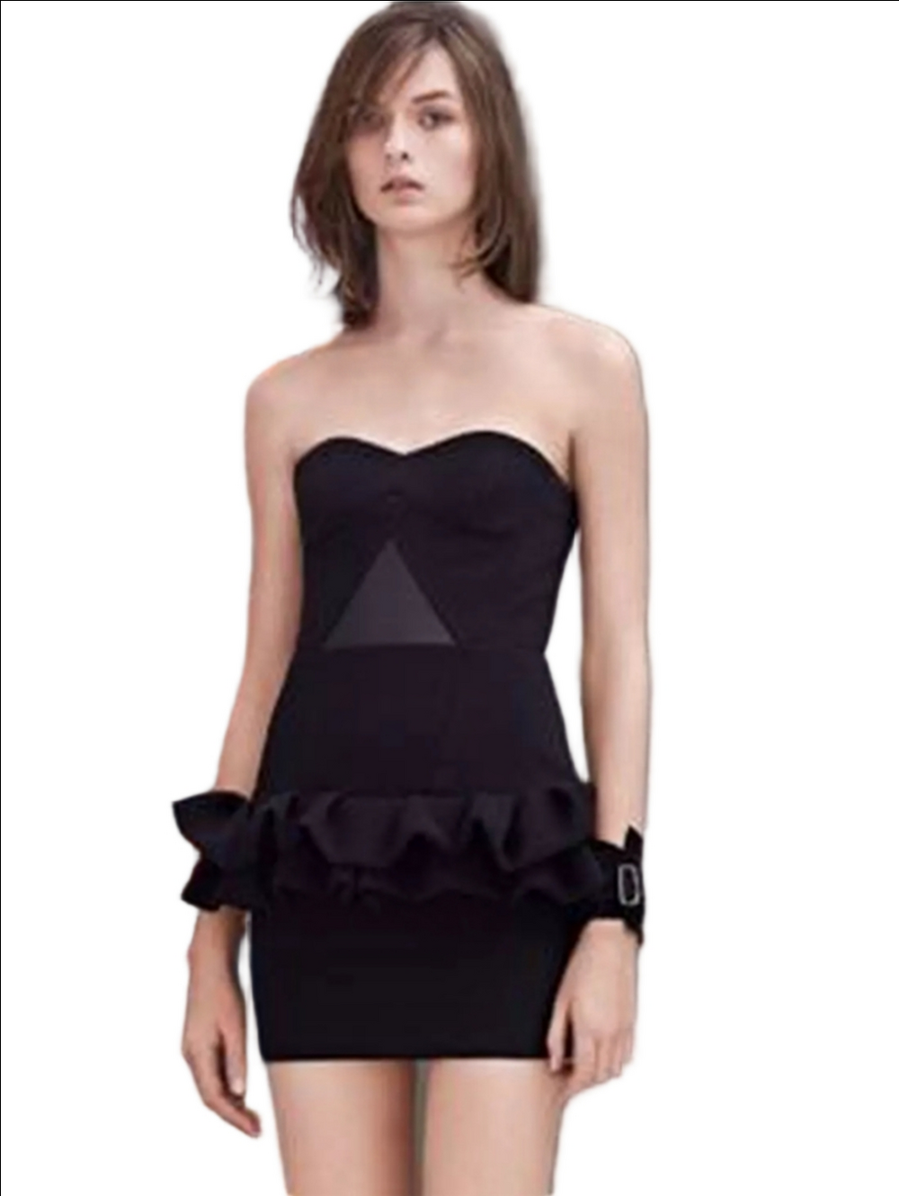 MAJE Black Strapless Black Peplum Mini Dress with leather Triangle Insert